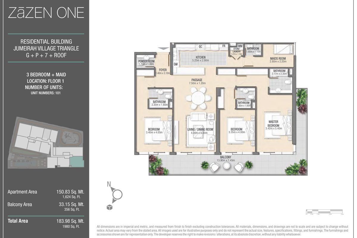 3 Bedrooms + Maid floor plan
